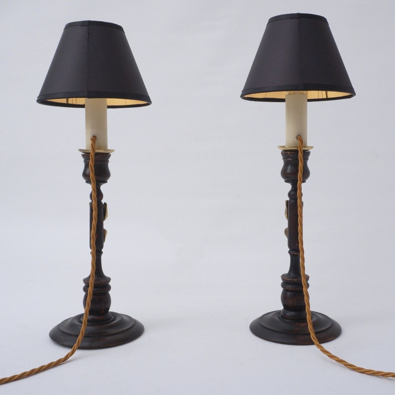 Pair Antique Candlestick Table Lamps, Cheshire Cat, Lewis Carroll Alice In Wonderland, Brass & Oak, 1920`s Ca, English   Rewired photo buy