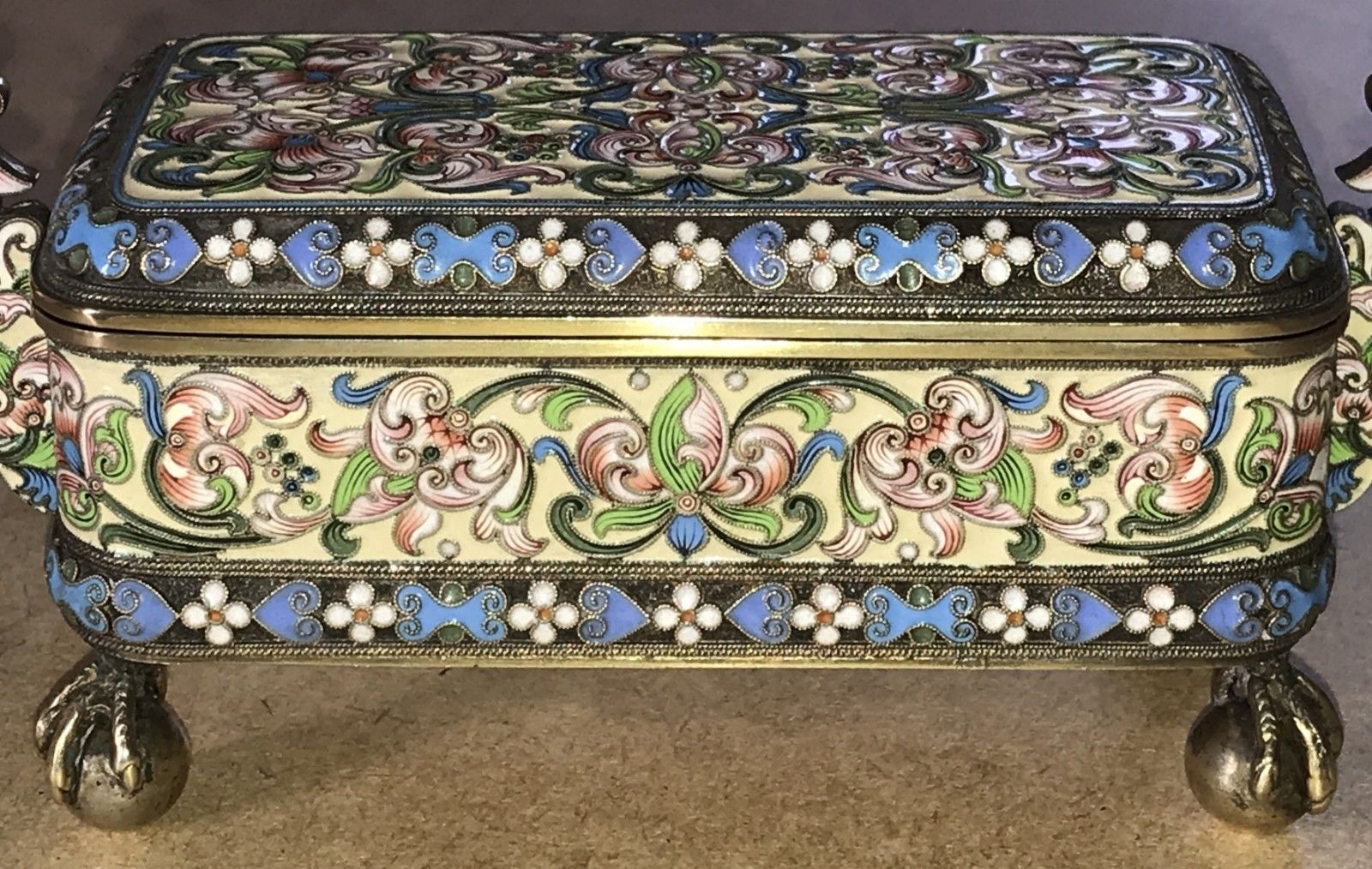Russian Silver Pavel Ovchinnikov & Ivan Khlednikov Gilt Cloisonne Enamel Casket photo vintage