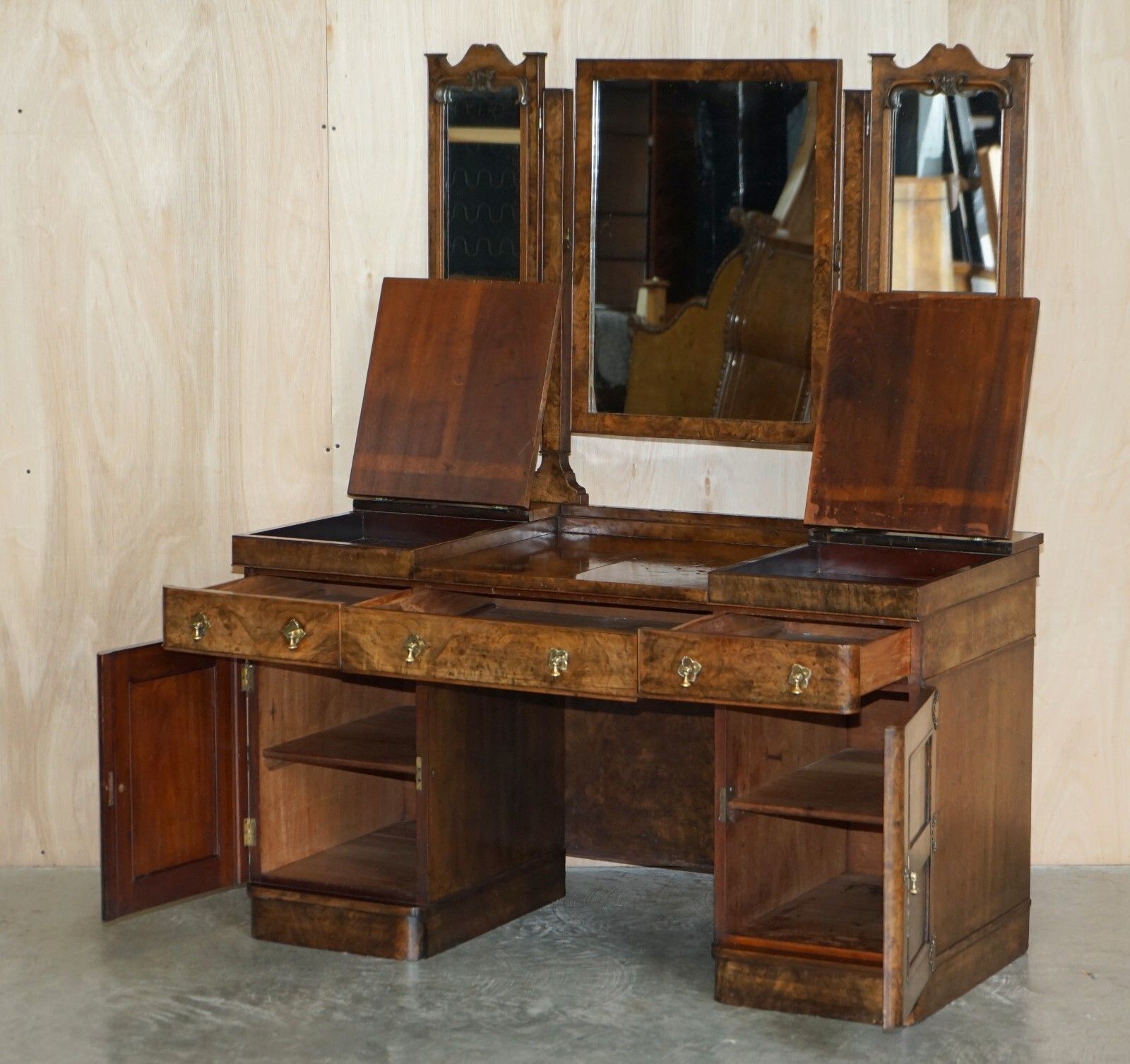 Furniture Important Burr & Burl Gothic Antique Dressing Table With Polished Brass Fittings photo