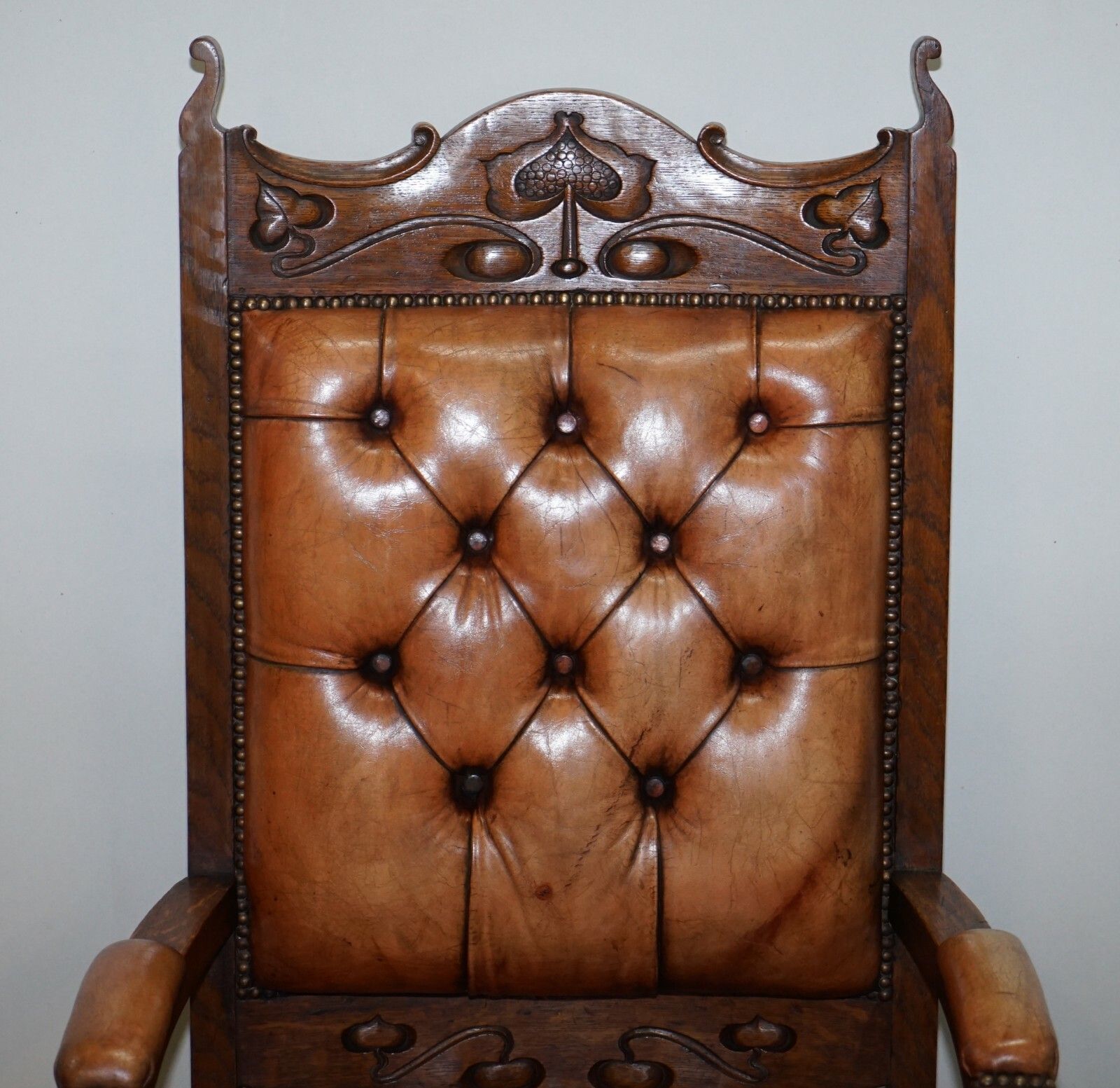 Pair Of Libertys London Style Art Nouveau Chesterfield Brown Leather Armchairs photo Furniture
