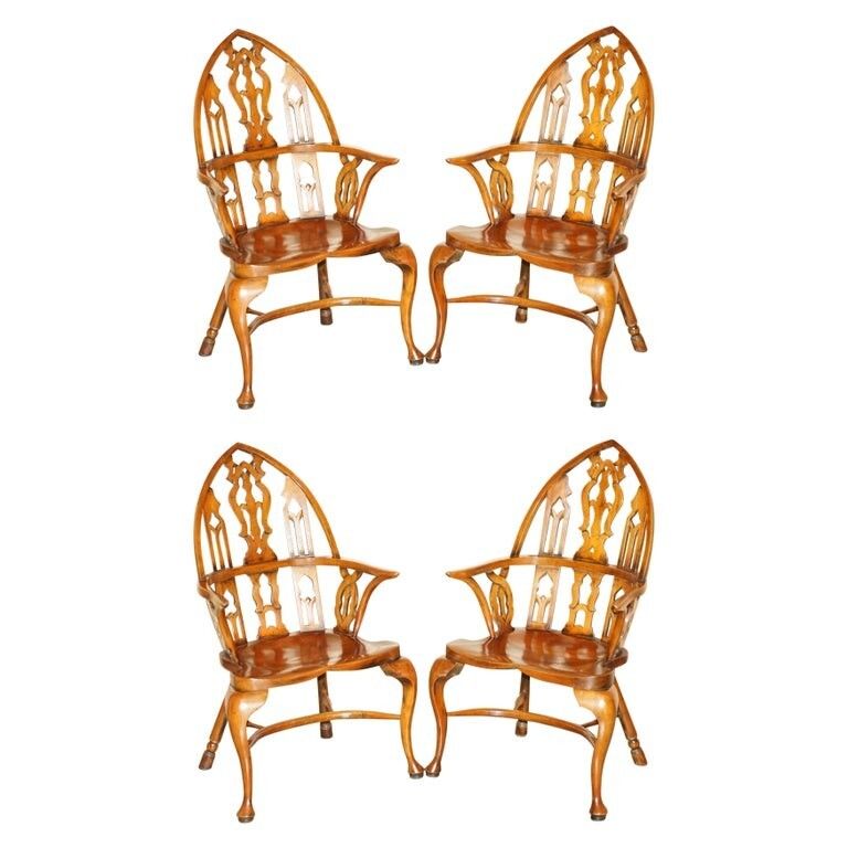 Four Fine Fully Restored Gothic Windsor Steeple Back Burr Yew & Elm Armchairs
