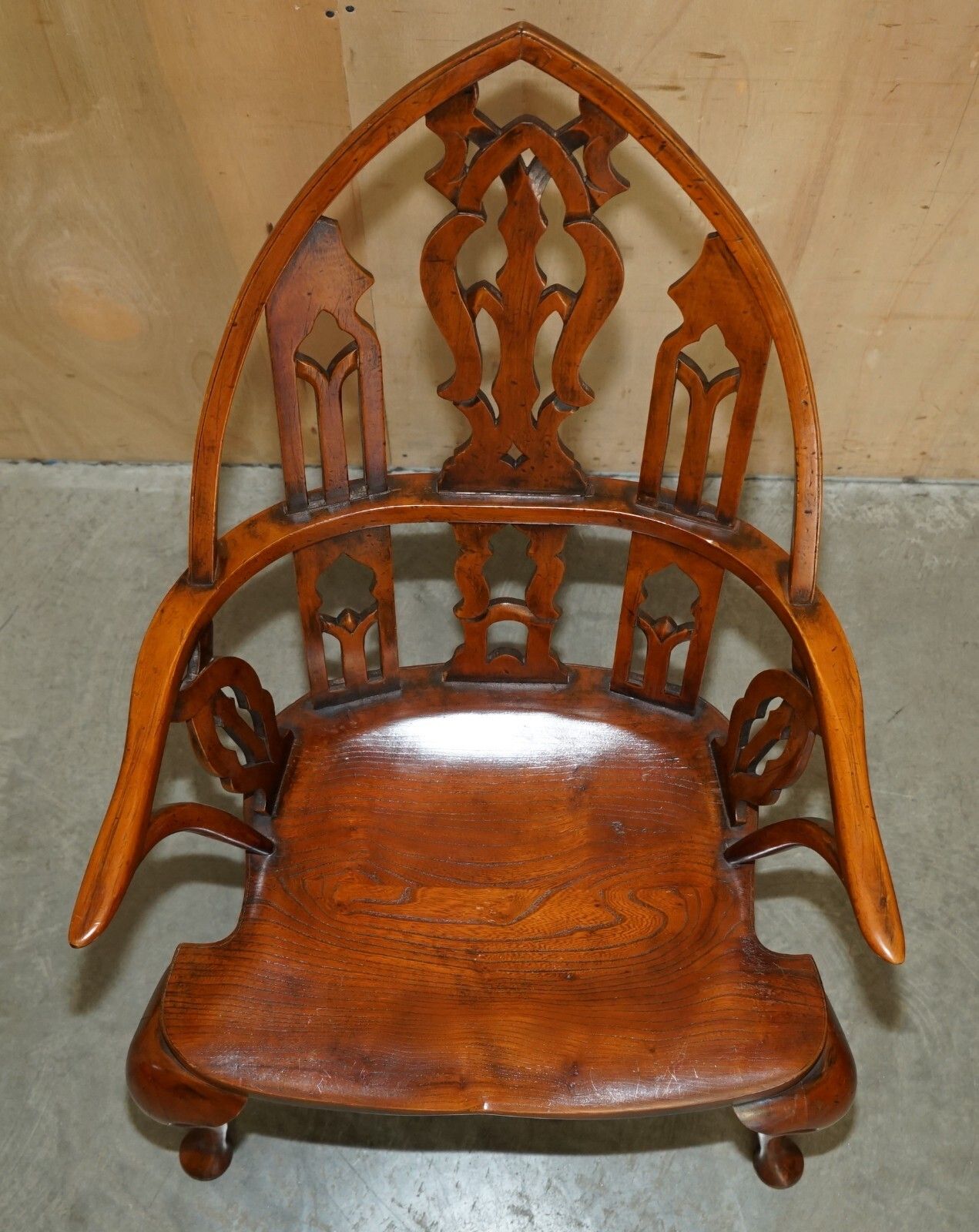 Four Fine Fully Restored Gothic Windsor Steeple Back Burr Yew & Elm Armchairs photo buy