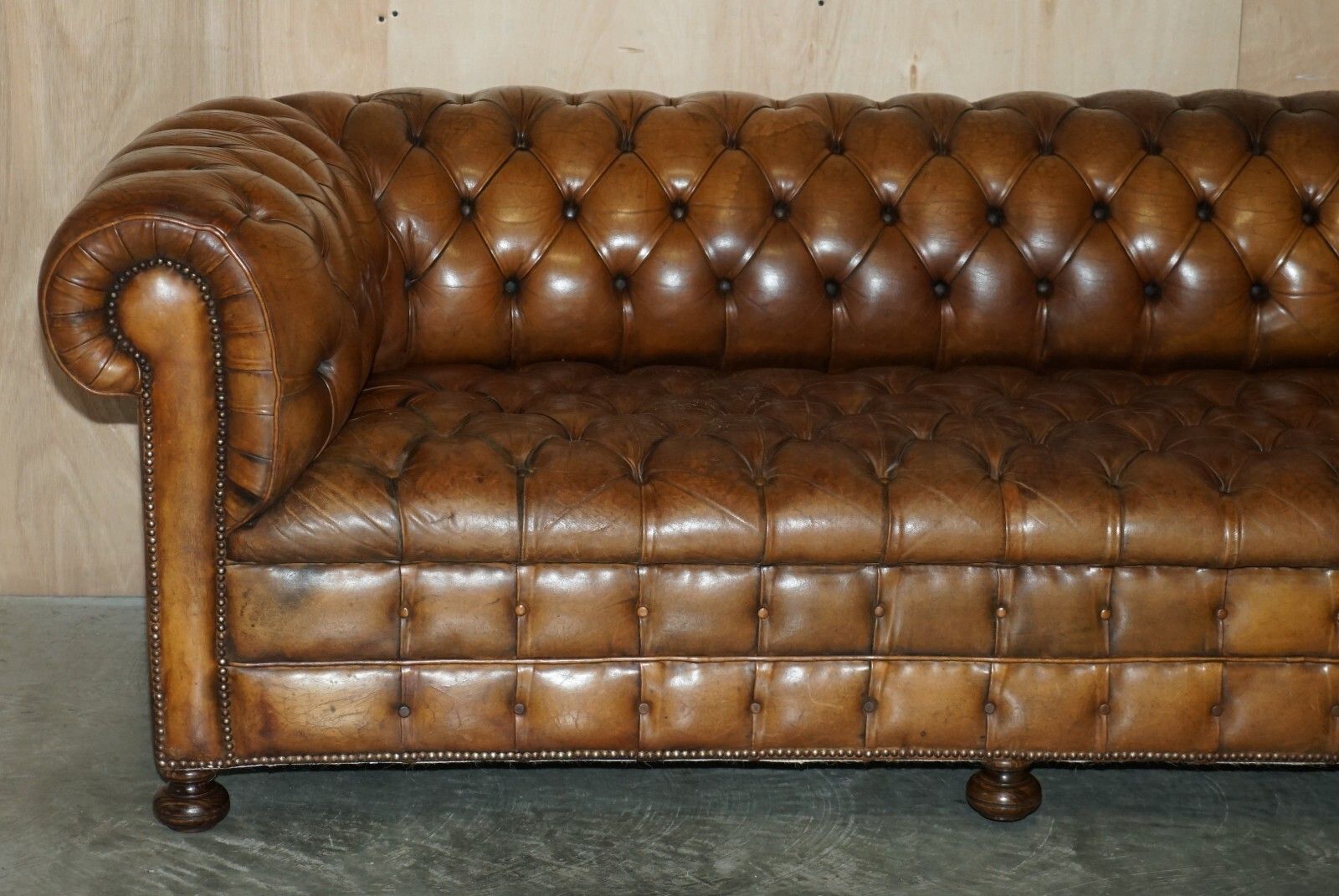 1950's Hand Dyed Restored Cigar Brown Leather Chesterfield Club Sofa English photo for sale