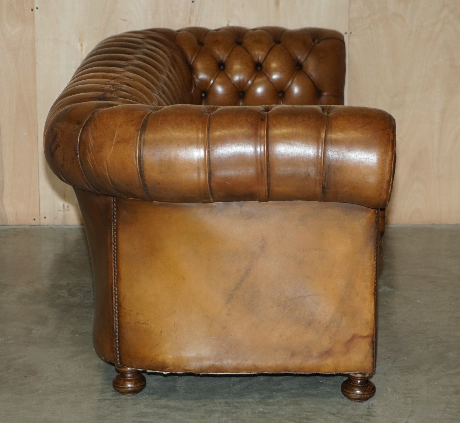 photo buy 1950's Hand Dyed Restored Cigar Brown Leather Chesterfield Club Sofa English