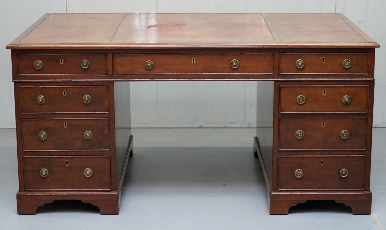 Original George III Circa 1780 Double Sided Walnut Partner Desk Lion Head Handle photo for sale
