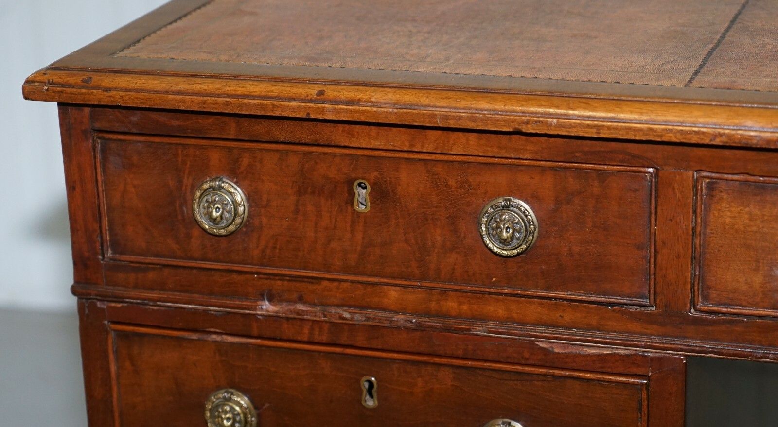 Original George III Circa 1780 Double Sided Walnut Partner Desk Lion Head Handle photo vinterior