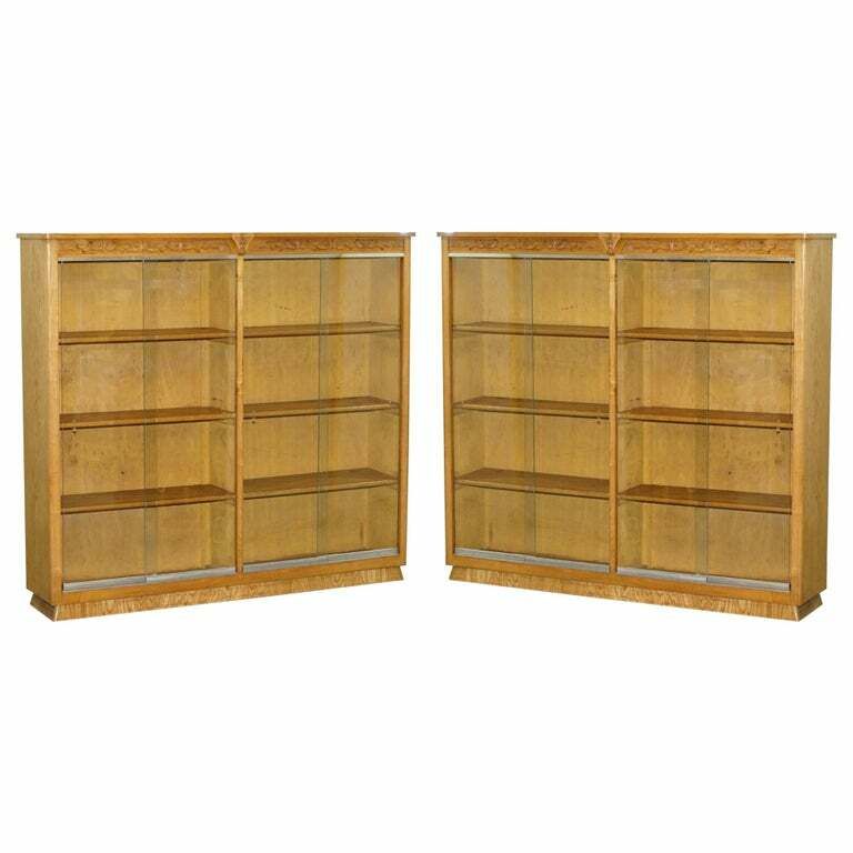Matching Pair Of 170x187cm English Oak Library Study Bookcases With Glazed Doors
