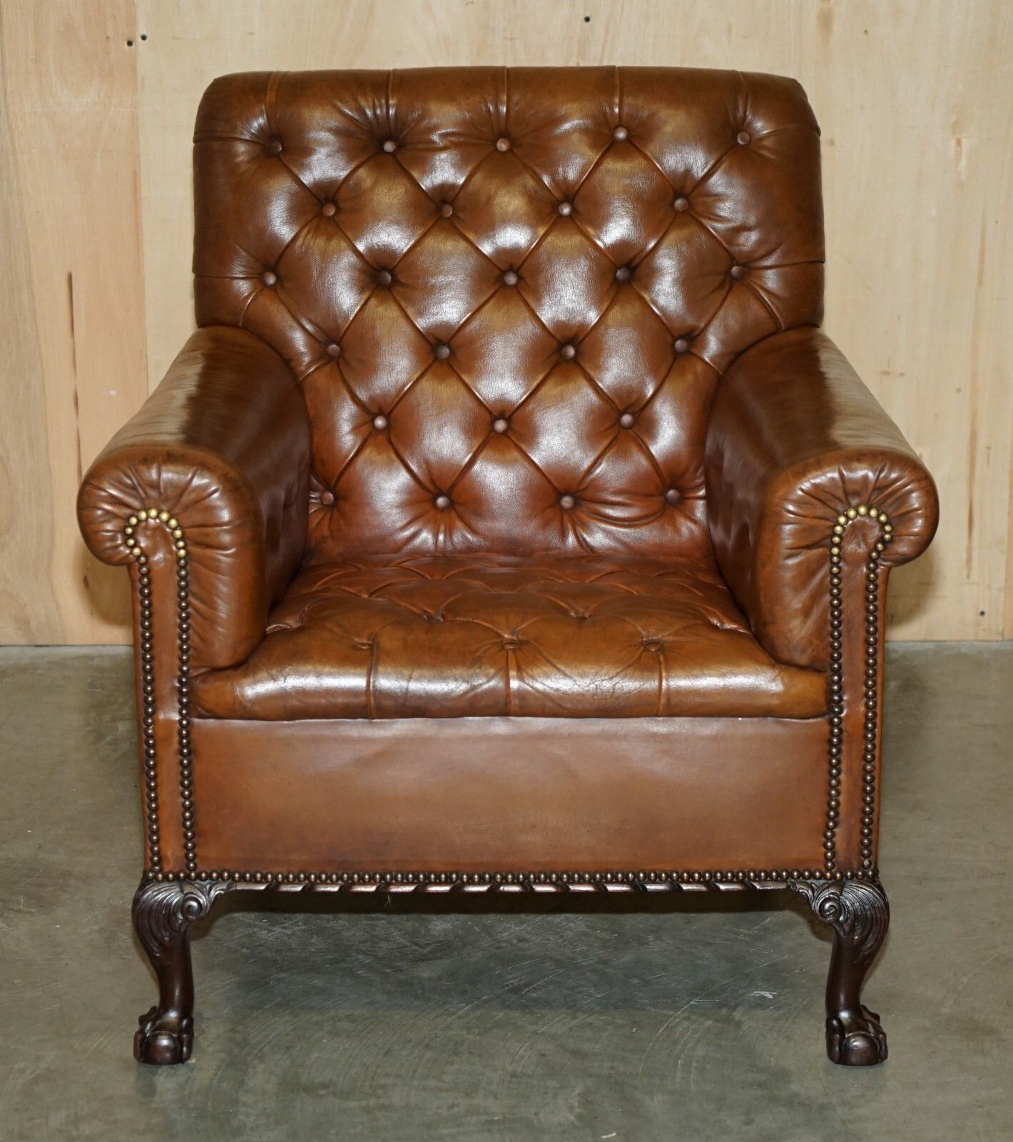 Pair Of Antique Victorian Chesterfield Brown Leather Armchairs Claw & Ball Feet photo Furniture
