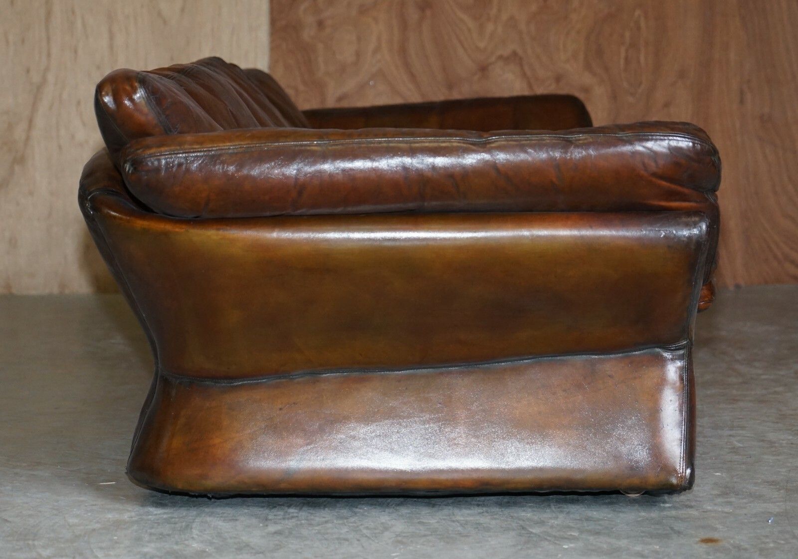 photo for sale Super Rare Low Mid Century Modern Designer Fully Restored Brown Leather Sofa