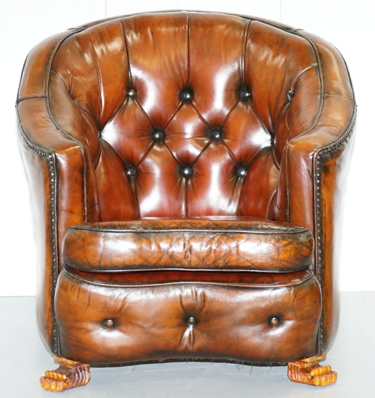 photo for sale Brown Leather Curved Back Chesterfield Suite Sofa Armchairs Lion Hairy Paw Feet