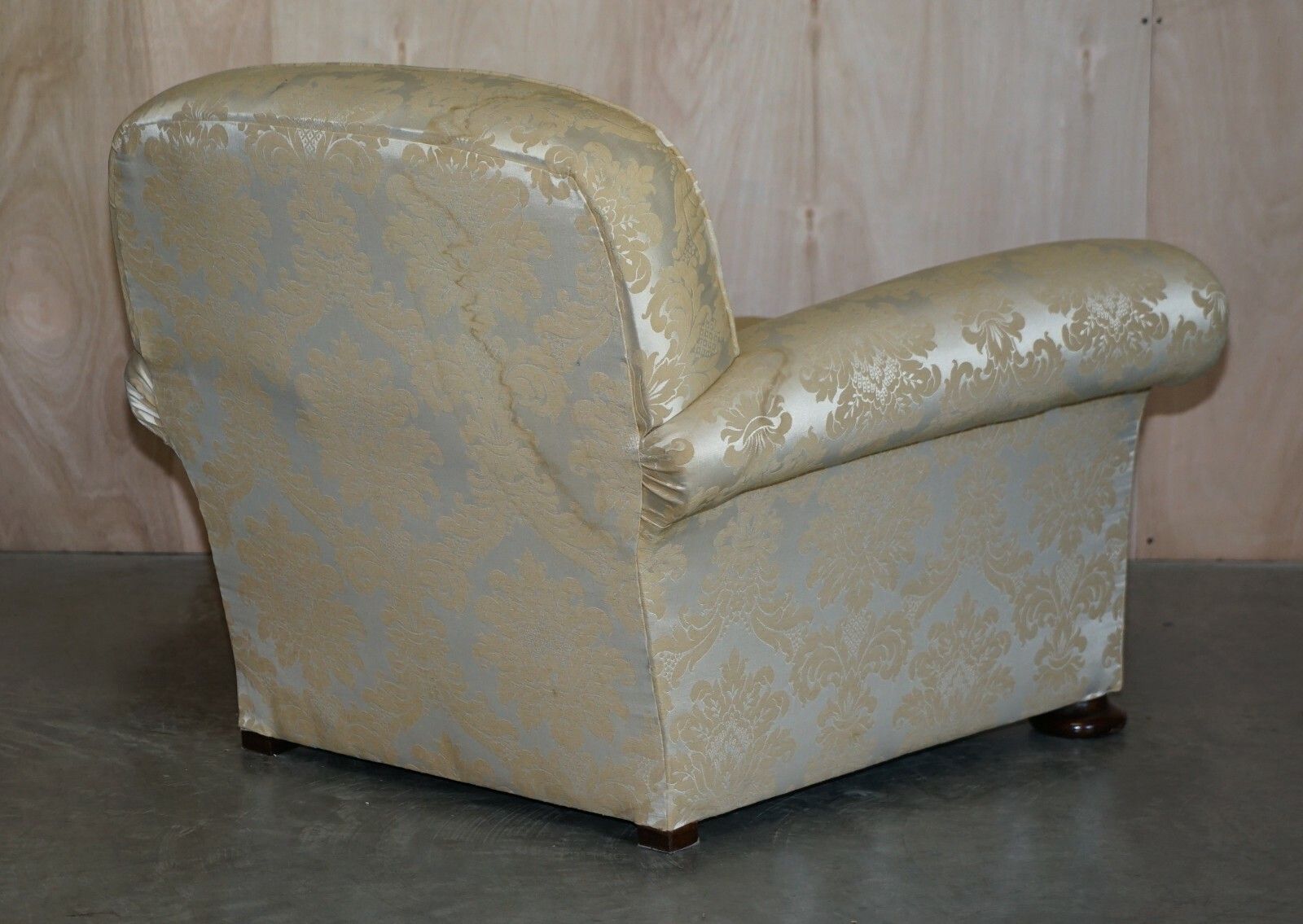 Antique Victorian Sofa & Armchair Club Suite Damask Upholstery Turned Bun Feet photo vinterior