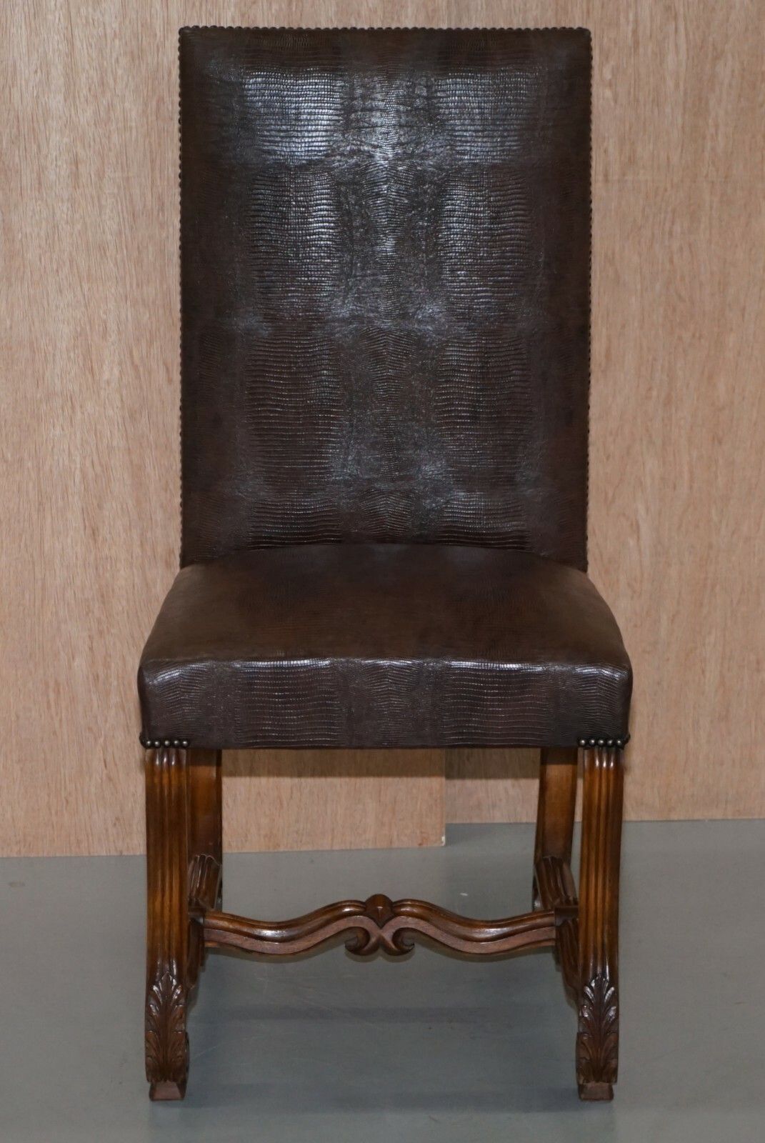 Suite Of 10 Carolean Dining Chairs With Crocodile Alligator Patina Leather Ten photo for sale