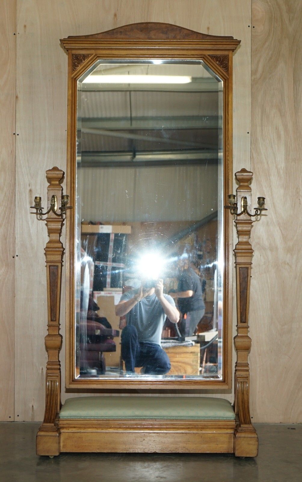 Antique Victorian Ash & Burr Walnut Gillows Of Lancaster Cheval Mirror Sconces photo for sale