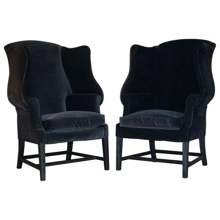 Pair Of Vintage Black Velvet Upholstered George Hepplewhite Wingback Armchairs