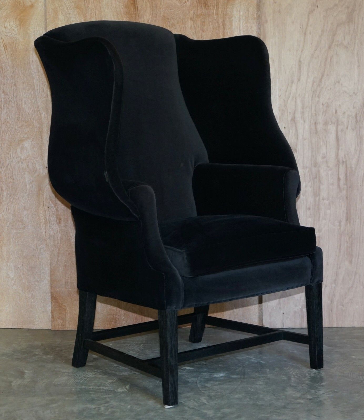 photo furniture Pair Of Vintage Black Velvet Upholstered George Hepplewhite Wingback Armchairs