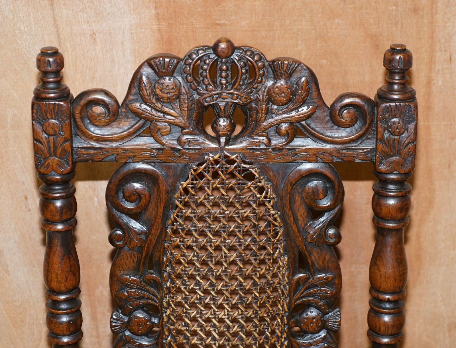 Eight Carved Jacobean Throne Dining Chairs Hand Painted & Embossed Leather Seats photo buy