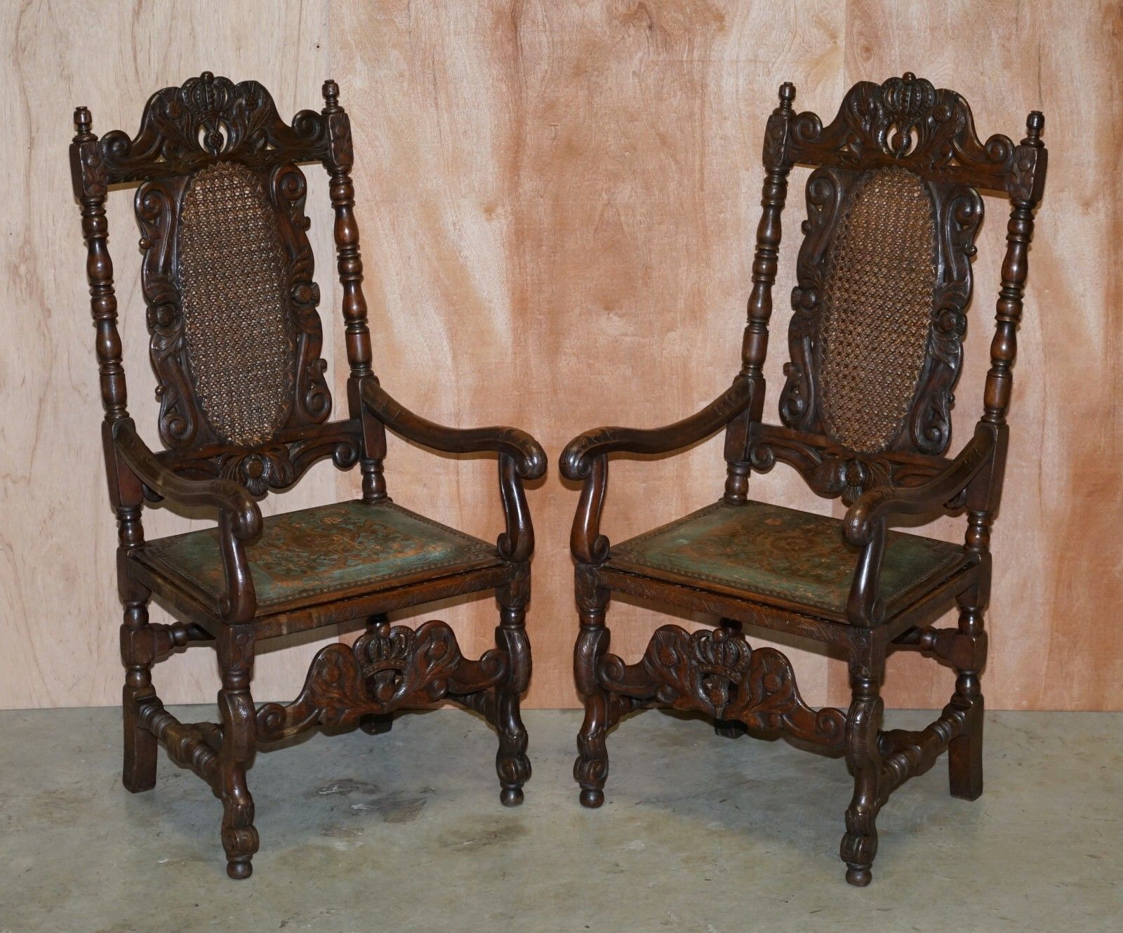photo furniture Eight Carved Jacobean Throne Dining Chairs Hand Painted & Embossed Leather Seats