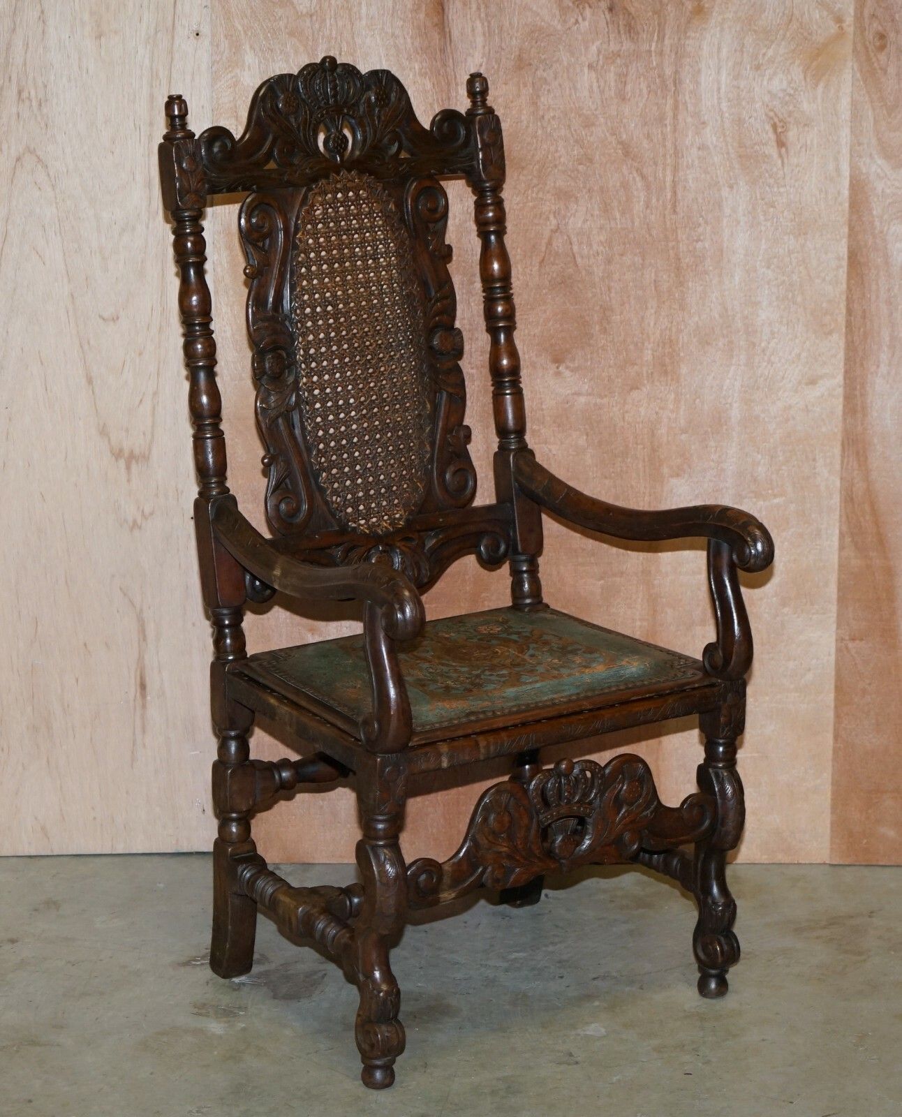 photo for sale Eight Carved Jacobean Throne Dining Chairs Hand Painted & Embossed Leather Seats