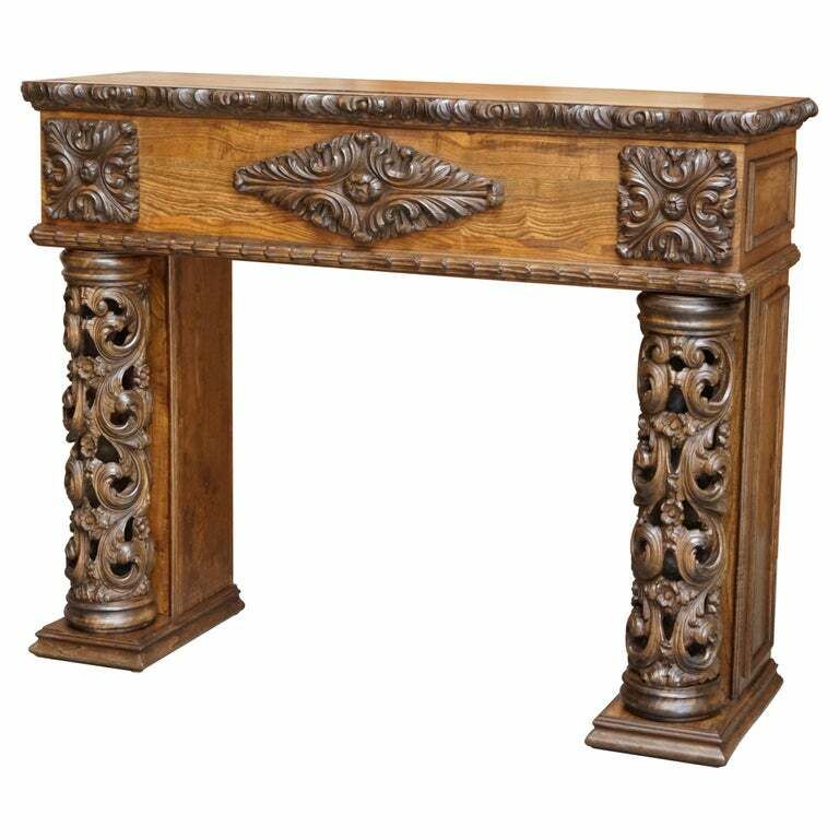 Antique Circa 1880 Hand Carved Solid Elm Fireplace Mantlepiece Fretwork Columns