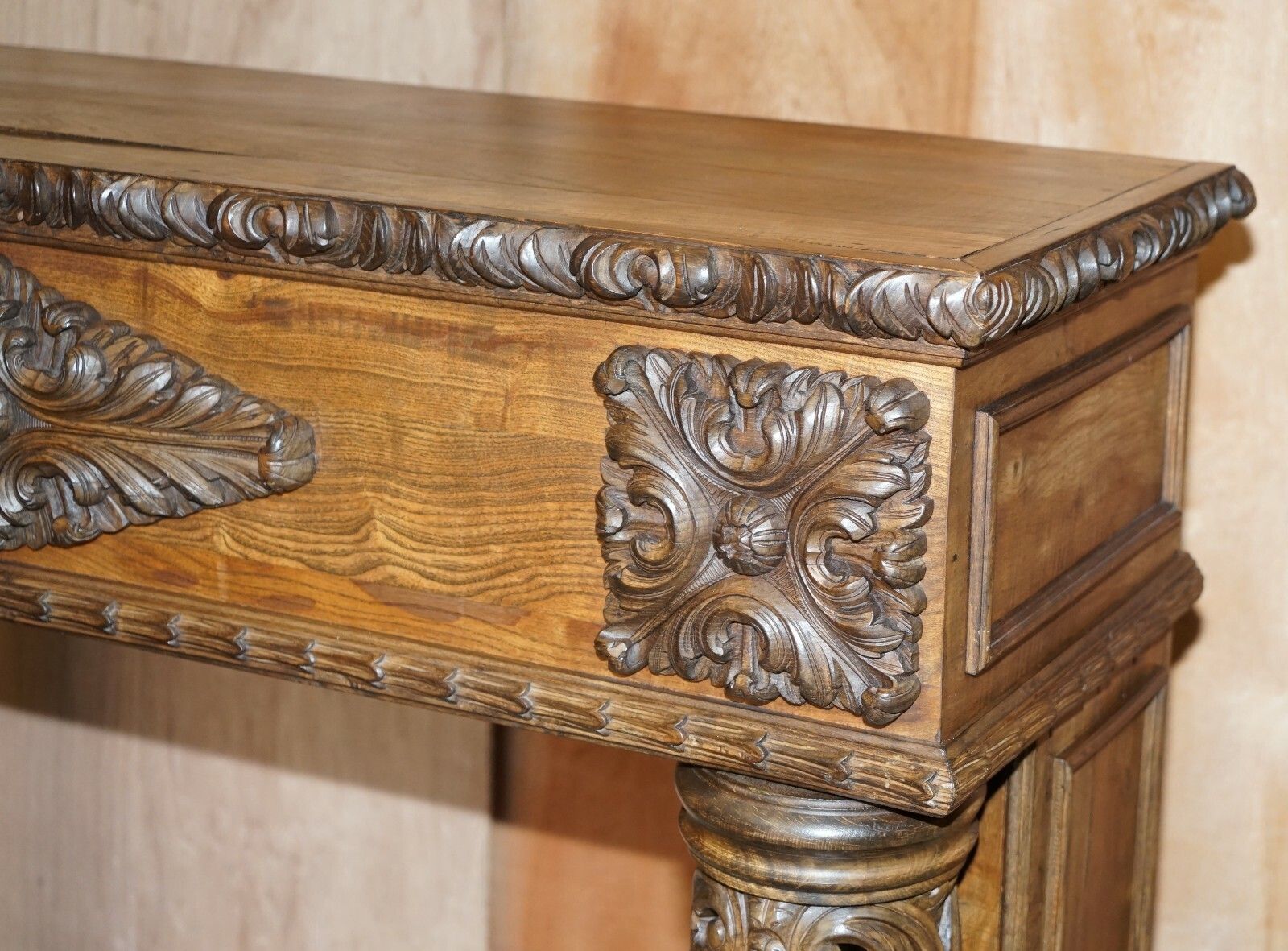 Antique Circa 1880 Hand Carved Solid Elm Fireplace Mantlepiece Fretwork Columns photo vinterior