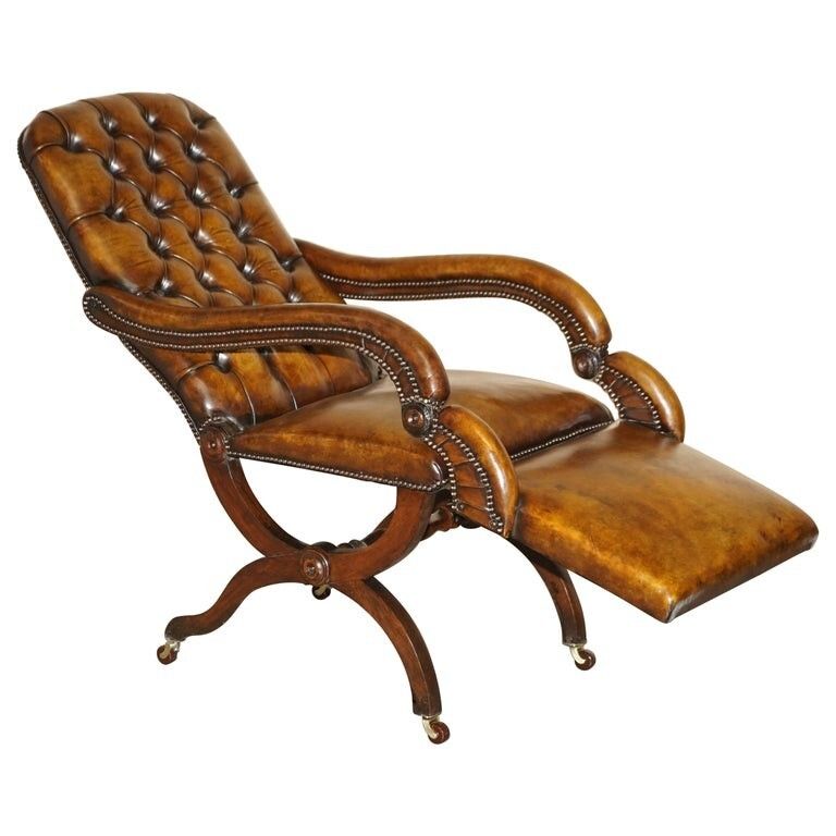 Rare Original Regency X Framed Reclining Brown Leather Chesterfield Armchair