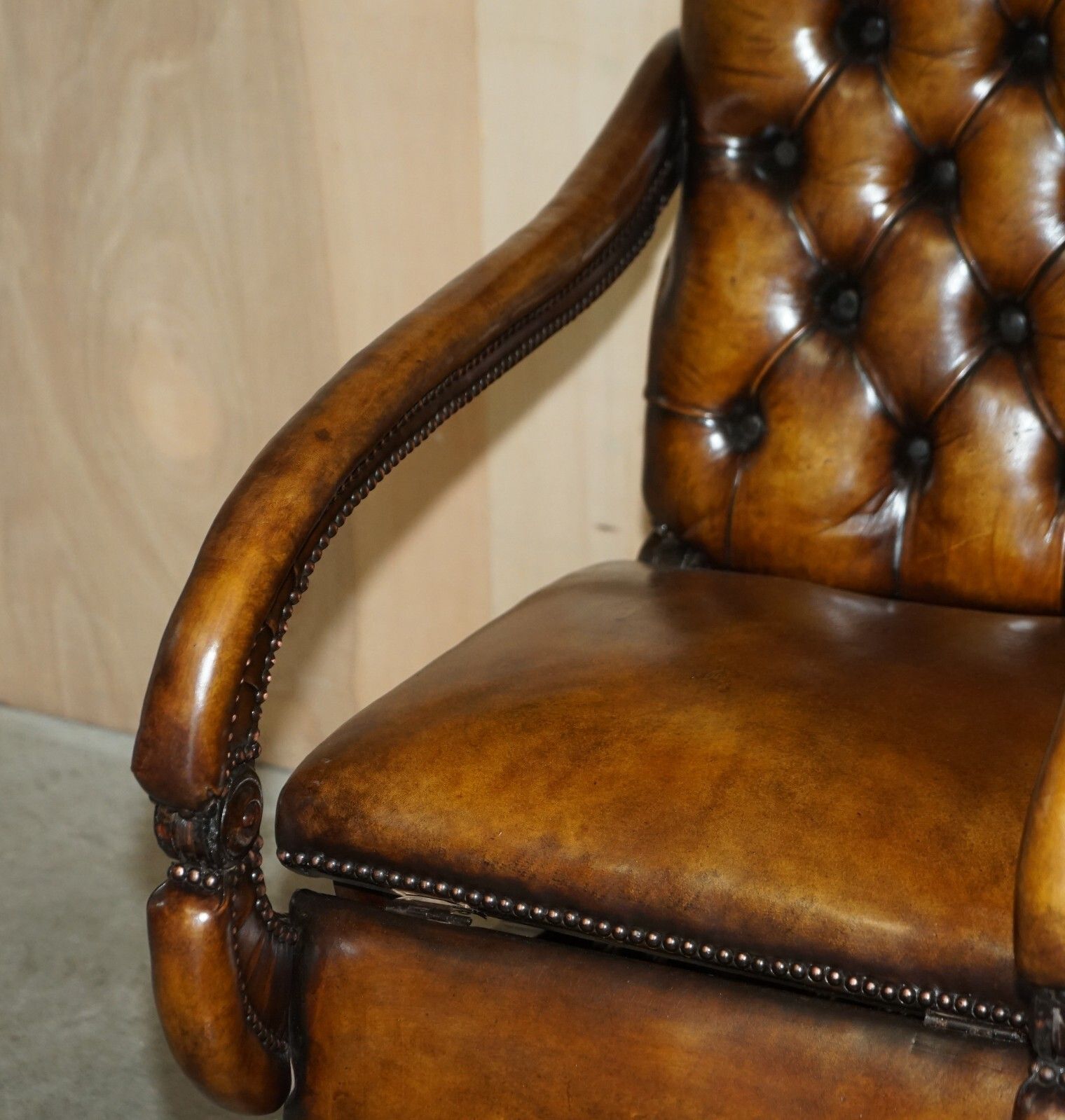 photo furniture Rare Original Regency X Framed Reclining Brown Leather Chesterfield Armchair