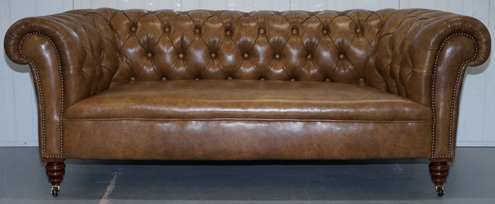 Restored Victorian Walnut Framed Chesterfield Club Sofa Heritage Brown Leather photo for sale