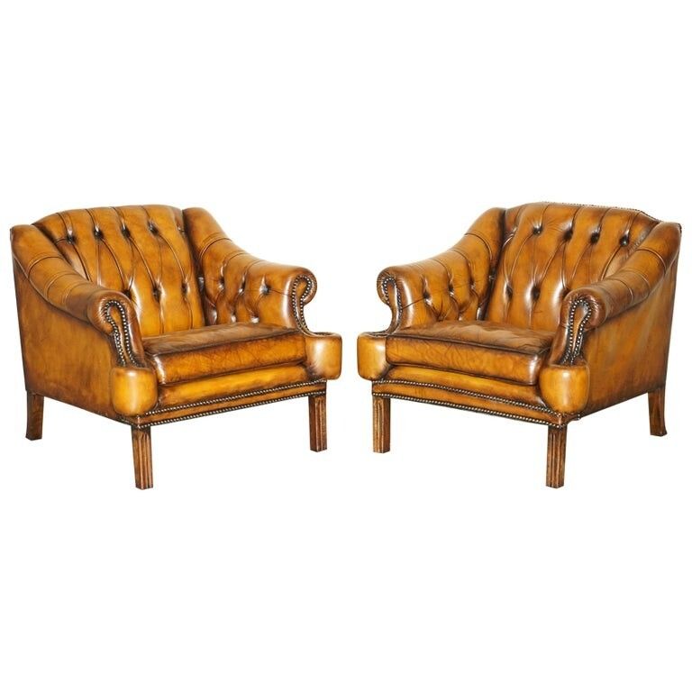 Restored Pair Of Vintage Chesterfield Regency Style Brown Leather Club Armchairs