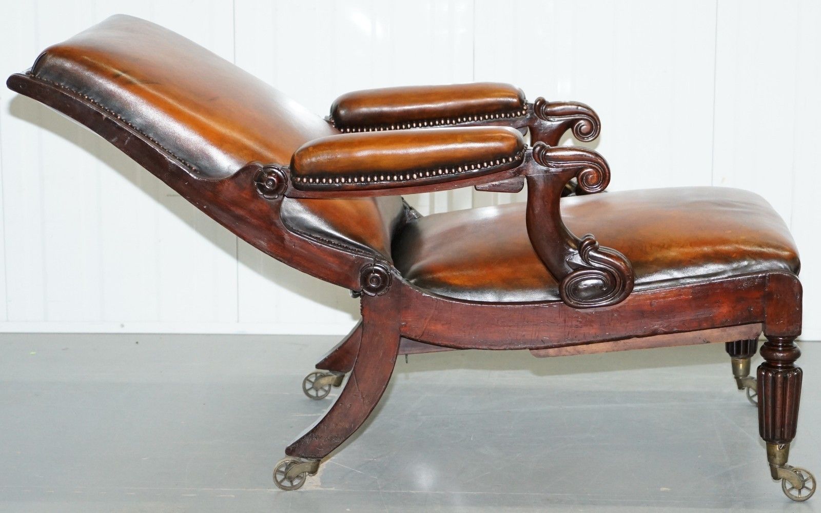 photo furniture Restored William IV Reclining Library Reading Brown Leather Armchair Footstool