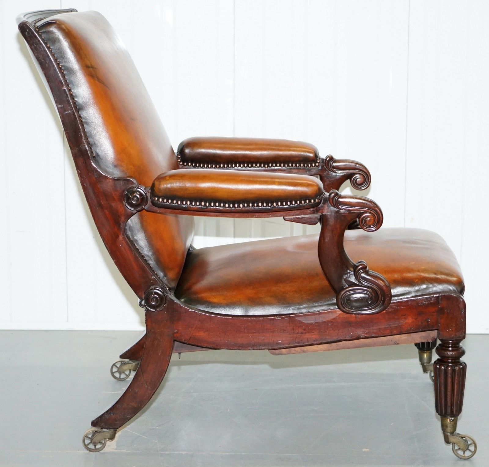 photo for sale Restored William IV Reclining Library Reading Brown Leather Armchair Footstool
