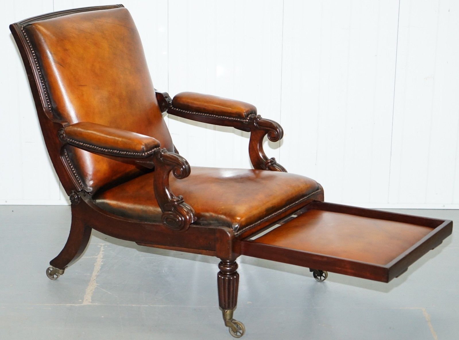 Furniture Restored William IV Reclining Library Reading Brown Leather Armchair Footstool photo