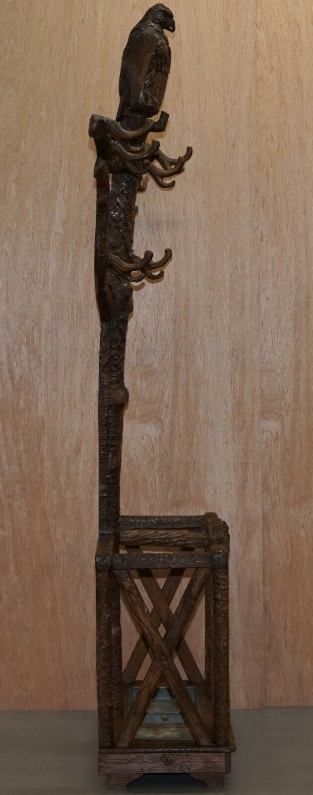 photo for sale Rare 1880 American Eagle Black Forest Wood Carved Coat Hat & Umbrella Rack Stand