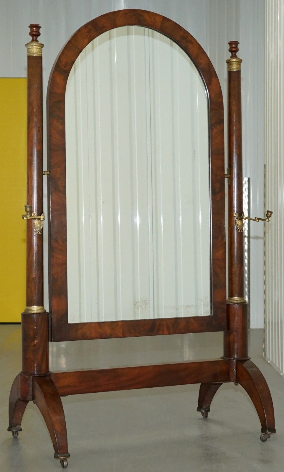 French Empire Mahogany & Gilt Metal With Candles Cheval Mirror Circa 1810 photo for sale