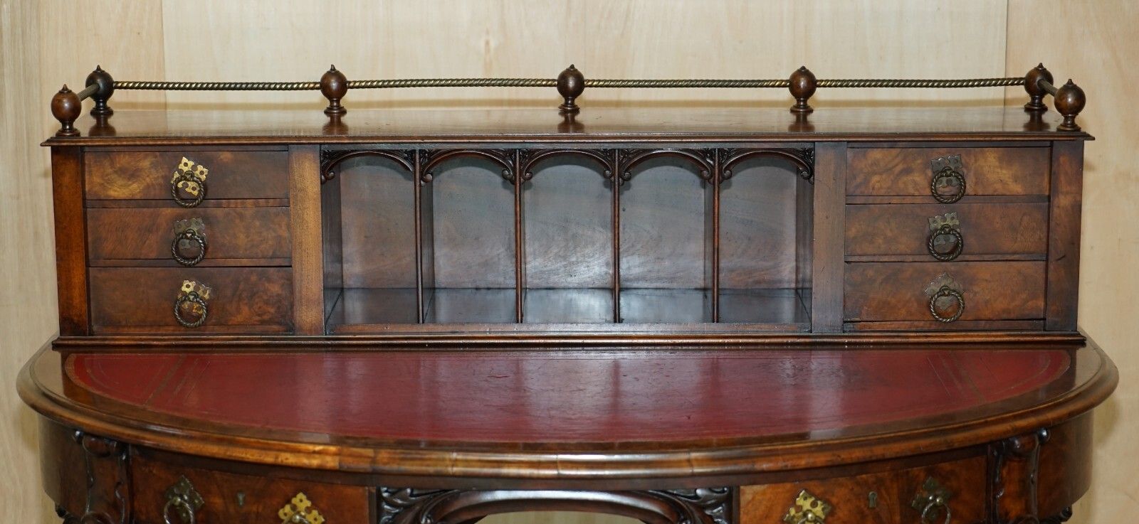 Antique Circa 1850 Patrick Beakey Dublin Oxblood Leather Demi Lune Gallery Desk photo for sale