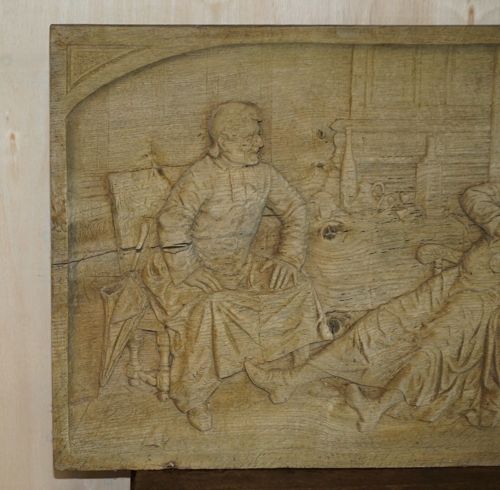 Very Large Antique 18th Century Stripped Oak Hand Carved Panel Of Drunk Freinds photo furniture