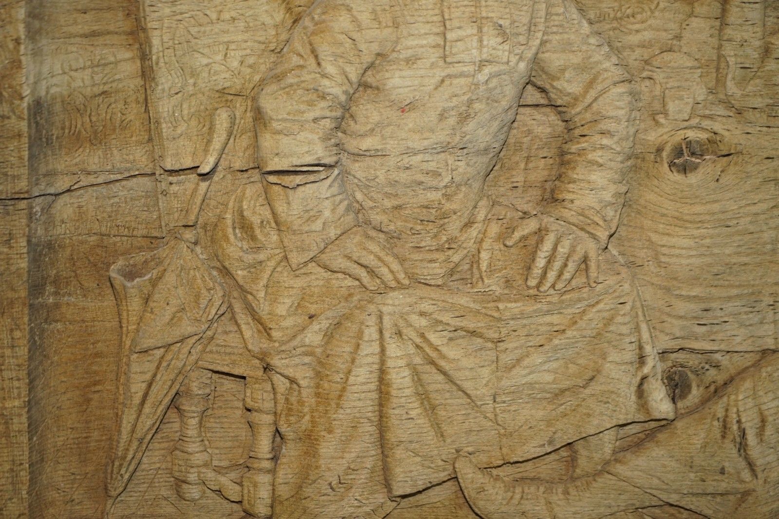 Very Large Antique 18th Century Stripped Oak Hand Carved Panel Of Drunk Freinds photo 4750.0