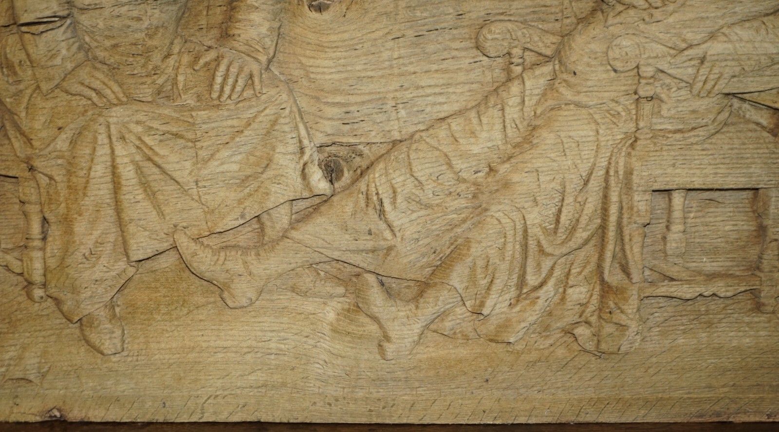 photo for sale Very Large Antique 18th Century Stripped Oak Hand Carved Panel Of Drunk Freinds