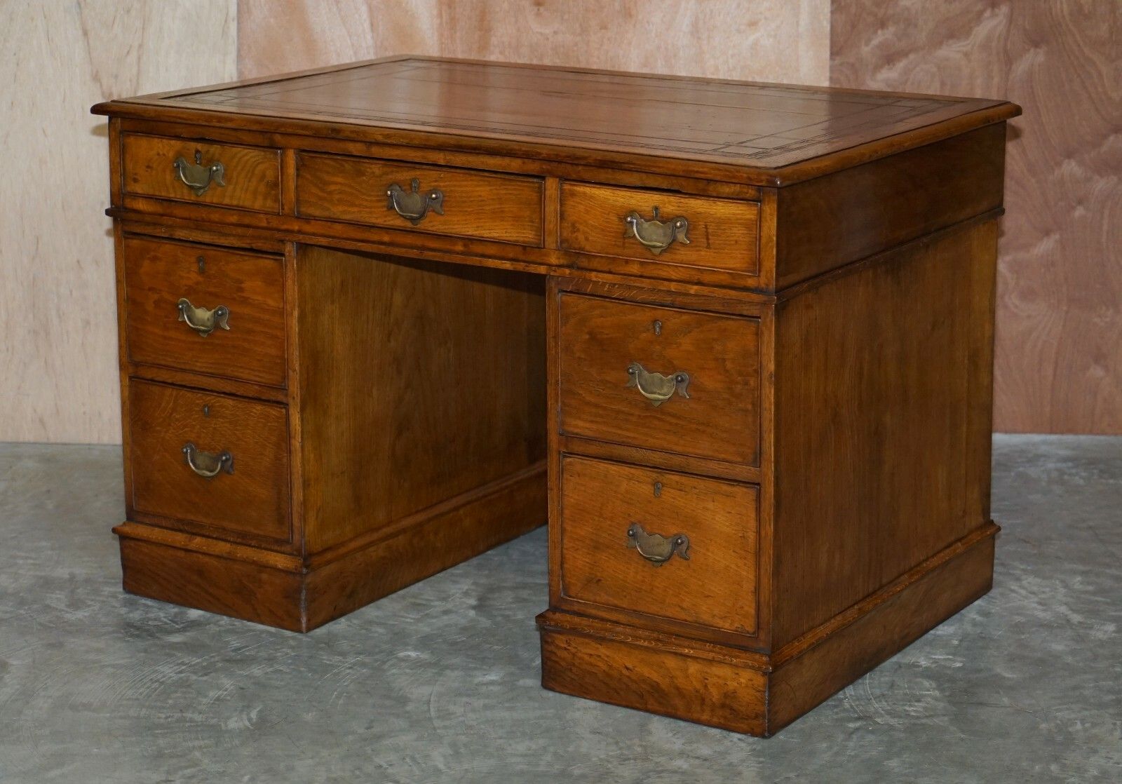 Stunning Restored Circa 1800 Georgian Oak & Brown Leather Partners Pedestal Desk photo for sale