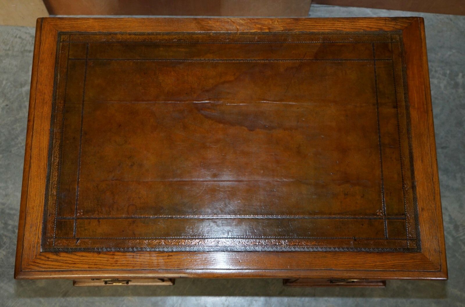Stunning Restored Circa 1800 Georgian Oak & Brown Leather Partners Pedestal Desk photo vinterior