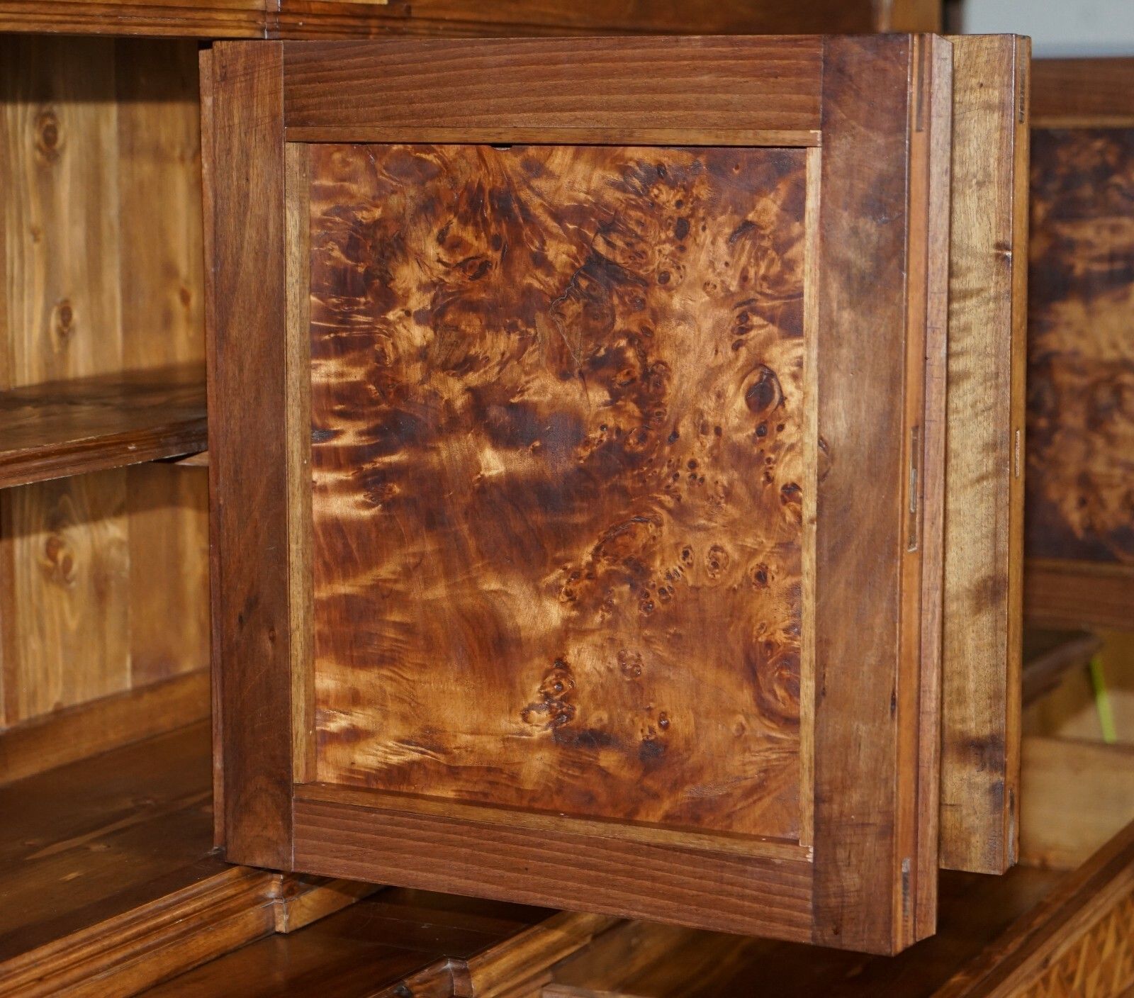 photo for sale Italian Burr Pippy Oak Panelled Large Geometric Marquetry Housekeepers Cupboard