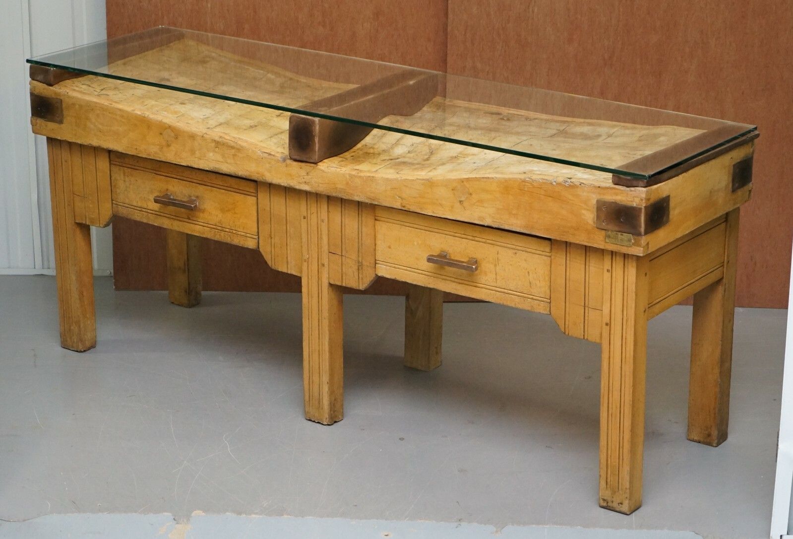 Restored Circa 1920's Hennes France Butchers Table Bronzed Mounts Glass Top photo for sale