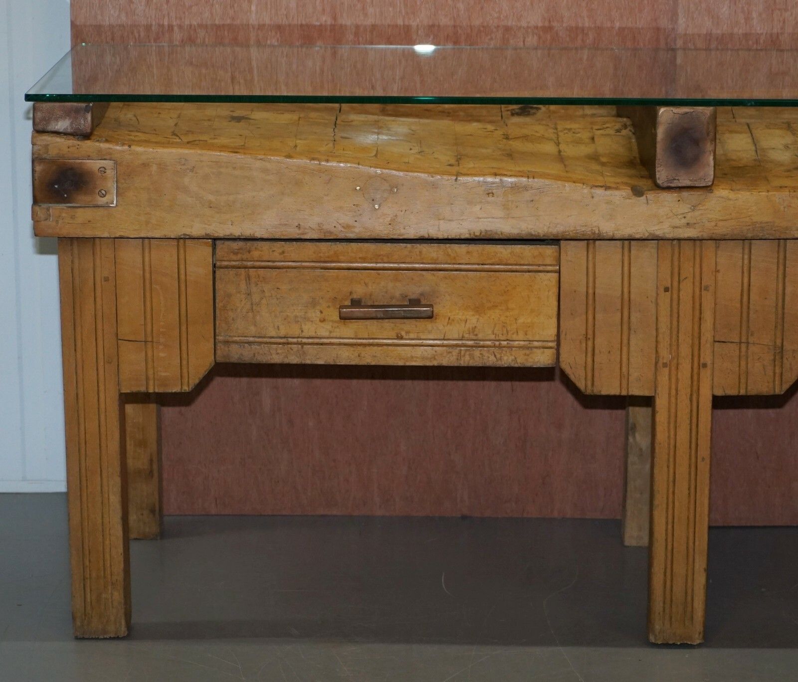 Restored Circa 1920's Hennes France Butchers Table Bronzed Mounts Glass Top photo Furniture