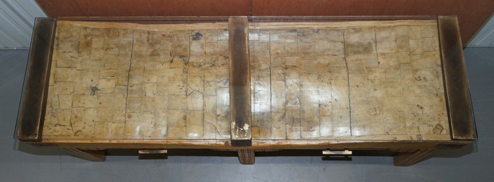 Restored Circa 1920's Hennes France Butchers Table Bronzed Mounts Glass Top photo vinterior