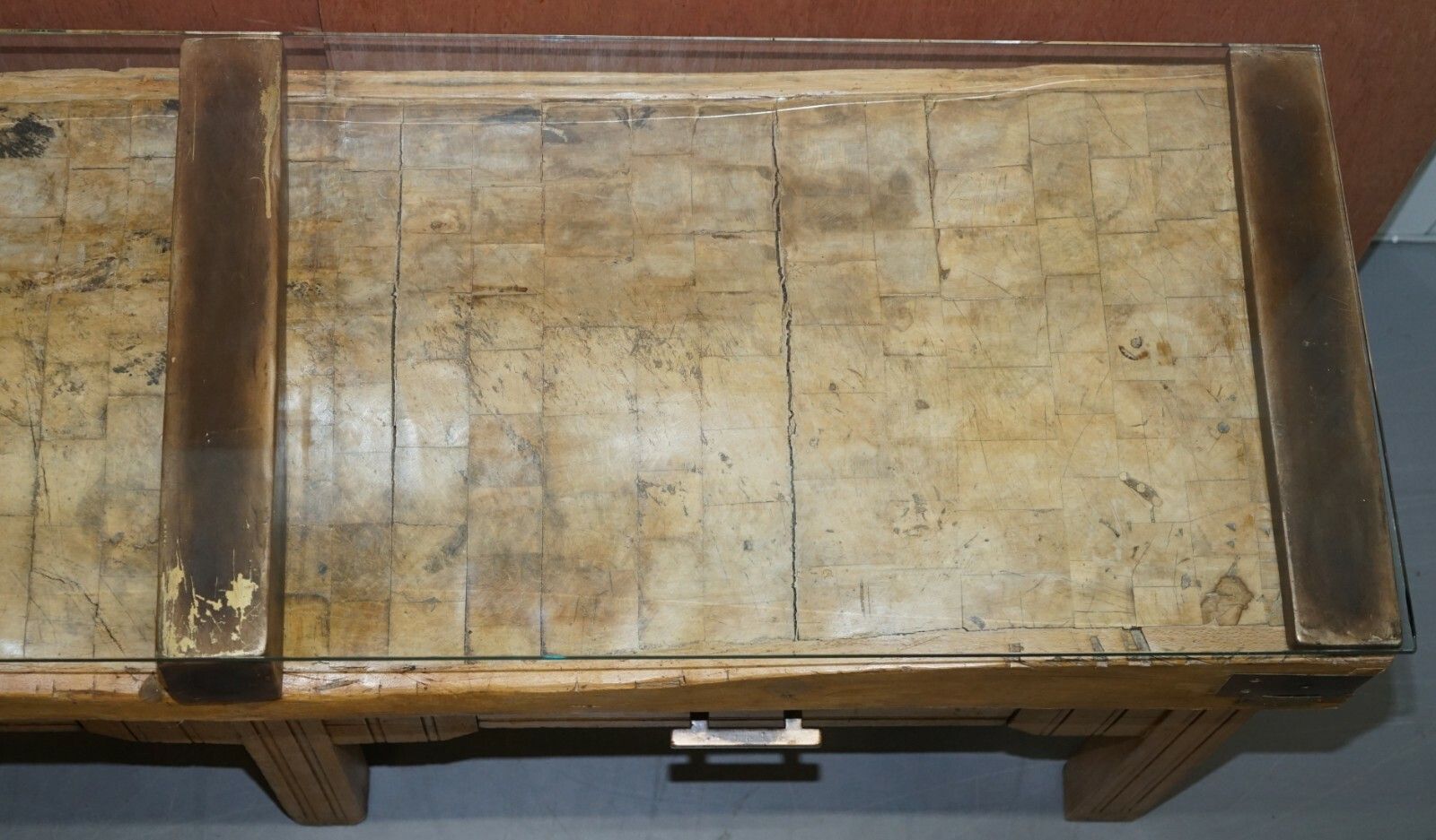 Restored Circa 1920's Hennes France Butchers Table Bronzed Mounts Glass Top photo buy