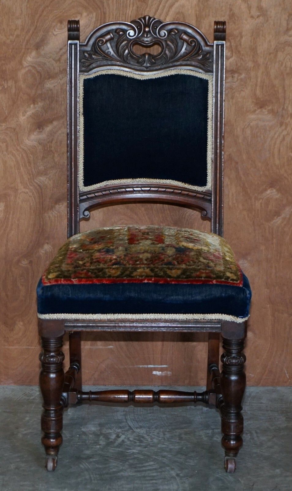 Six Antique Victorian Turkey Work Carpet Kilim Rug Napoleonic Blue Dining Chairs photo for sale