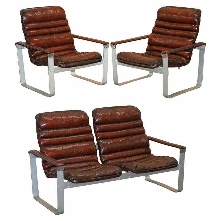 Rare 1960's Pulkka Ilmari Lappalainen Chrome & Brown Leather Armchair Sofa Suite