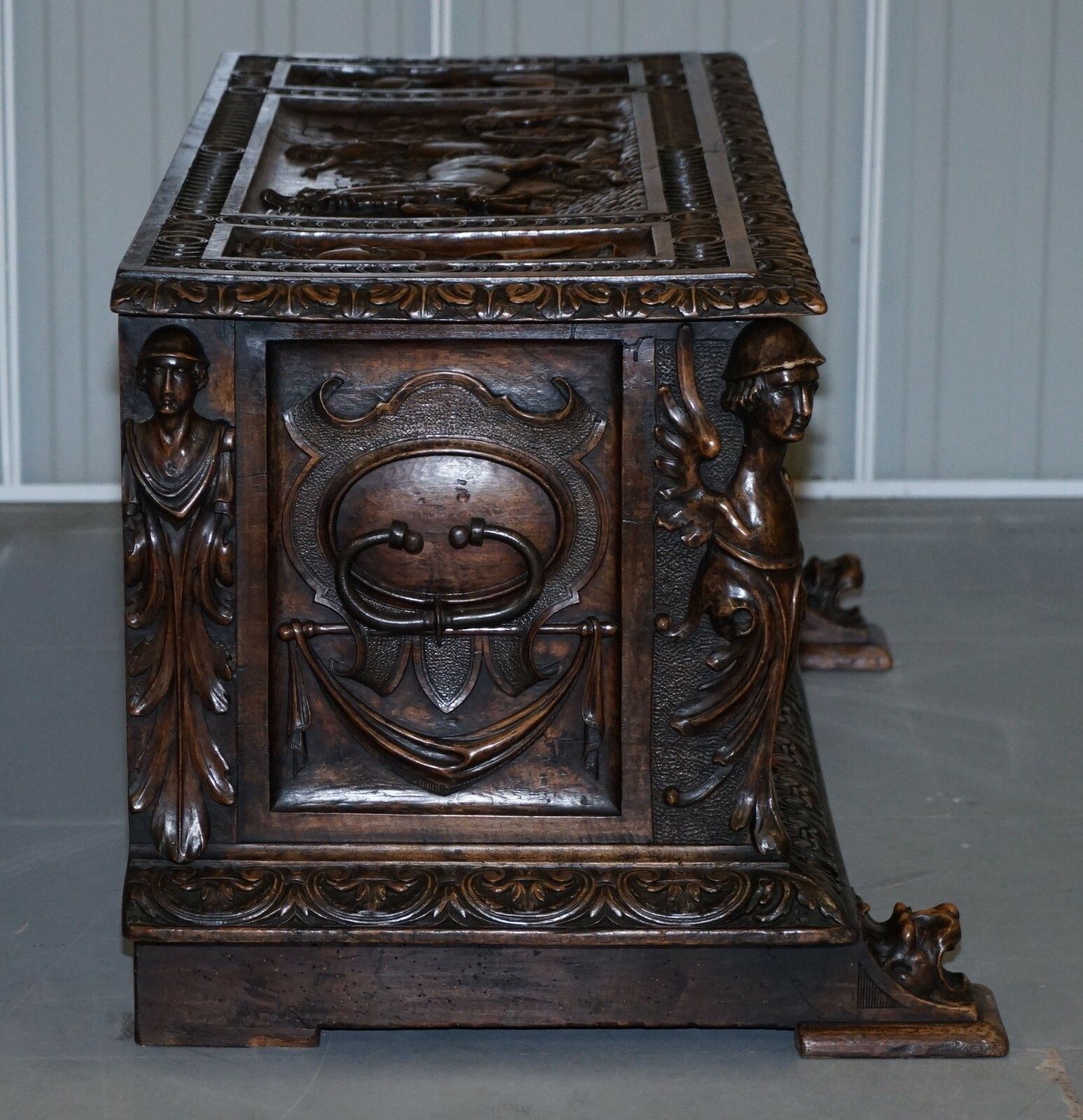 Sublime Roman Chariot Ornately Hand Carved Antique Walnut Trunk Chest Or Coffer photo buy