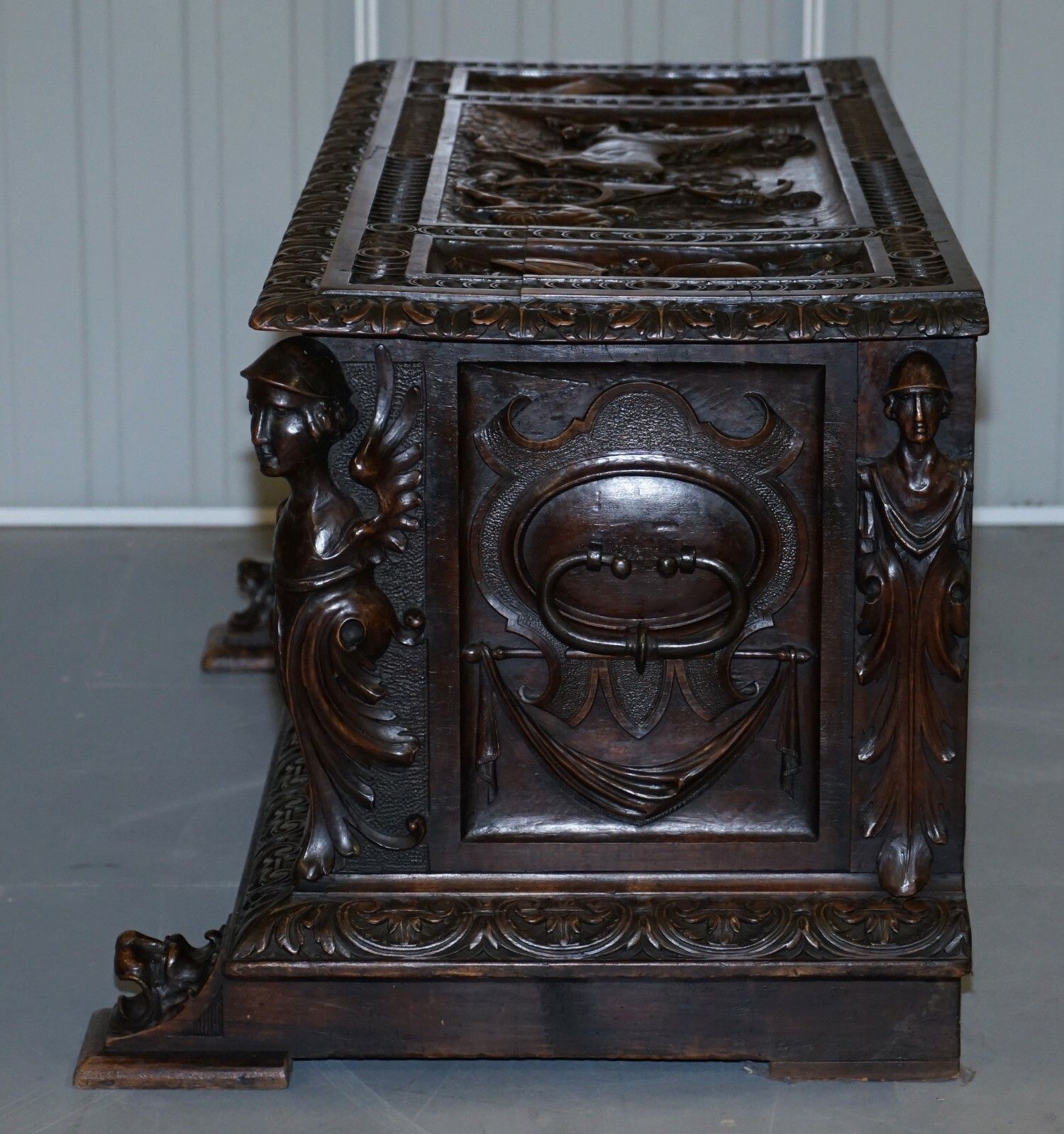 photo for sale Sublime Roman Chariot Ornately Hand Carved Antique Walnut Trunk Chest Or Coffer