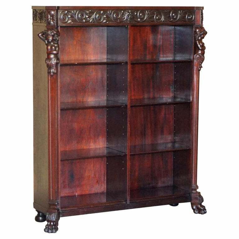 Lovely Circa 1900 Hand Carved Library Bookcase In Mahogany With Herm Statues