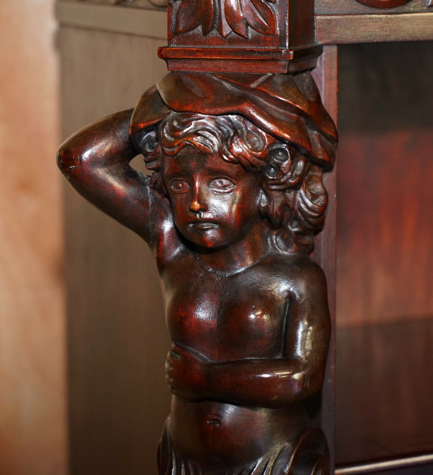 Lovely Circa 1900 Hand Carved Library Bookcase In Mahogany With Herm Statues photo Furniture